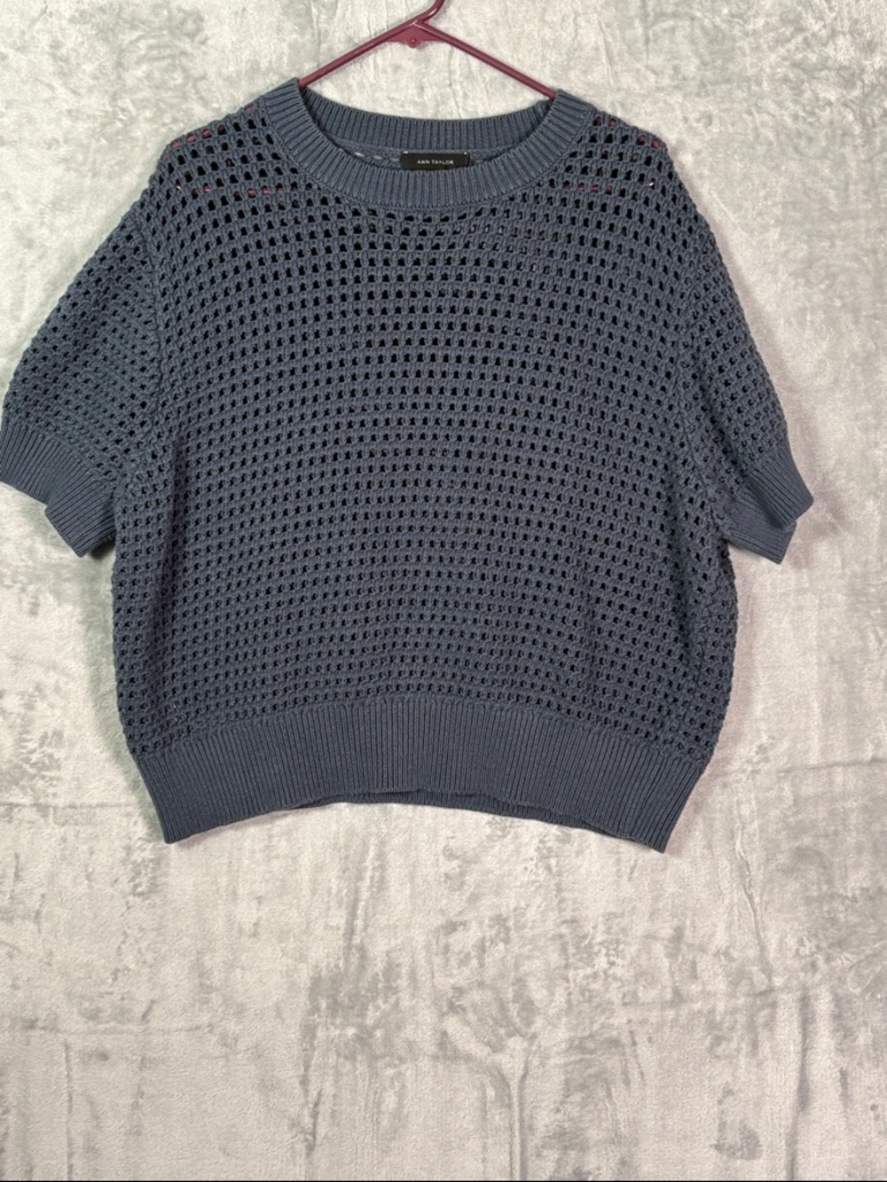 Ann Taylor Gray Navy Mesh Crew Neck Cropped Sweater Size XXL